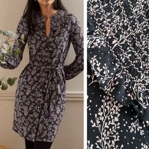 Boden Smocked Detail Leafy Sprig Print Long Sleeve Jersey Dress 10L